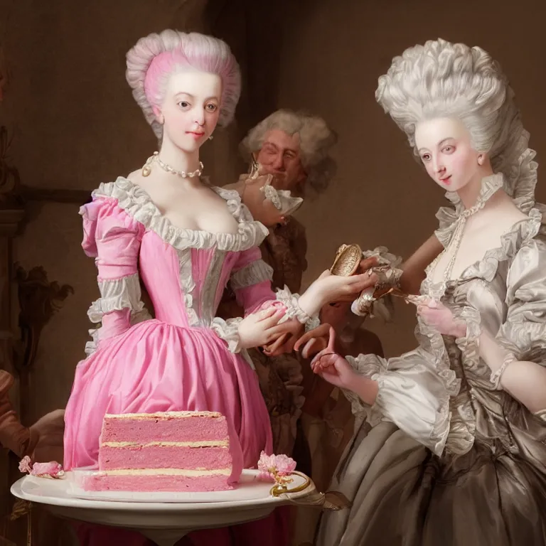 Prompt: Marie Antoinette cutting a pink cake. Baroque painting, trending on artstation, 50mm, photo realistic, highly detailed, ultra realistic, octane render