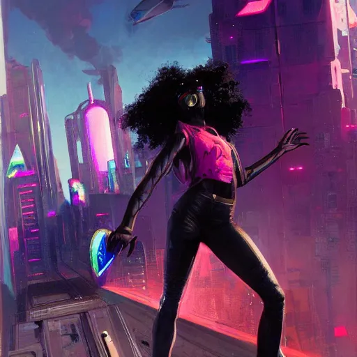 Image similar to a black girl flying through the synthwave city with a rocketpack in a cyberpunk style by greg rutkowski and android jones, oil on canvas