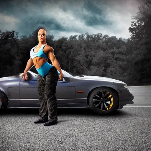 Prompt: car, bodybuilder, woman, weightlifting, toy, road, photo, digital art