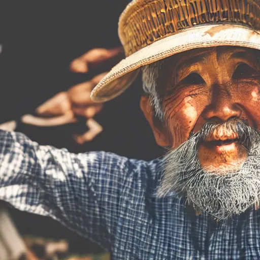 Image similar to Fisheye selfie of an old japanese man with long beard and asian rice hat, closeup