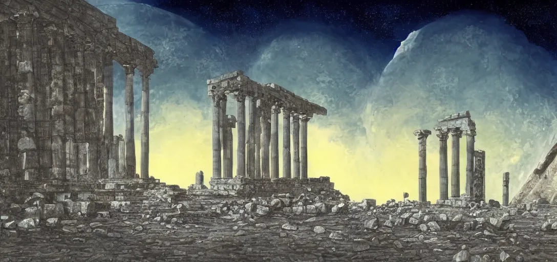 Image similar to The ruins of the Silver Millennium on the moon from Sailor Moon, digital painting, Earth in the distance, Greek-esque columns and ruins