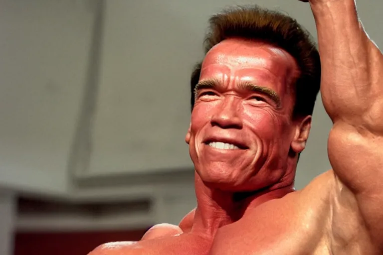 Prompt: arnold schwarzenegger with tiny shriveled arms