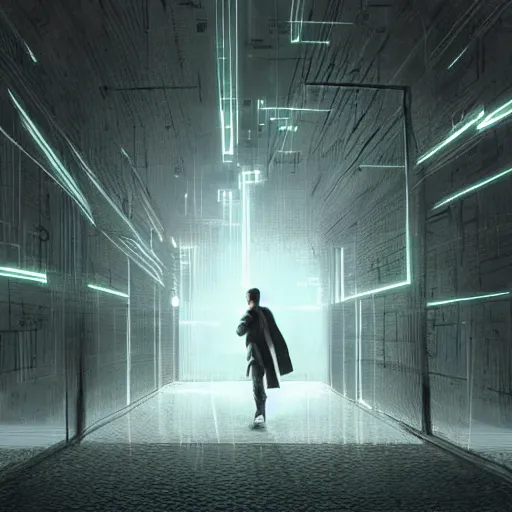 Image similar to a man walking into the matrix, concept art, illustration, highly detailed, artwork