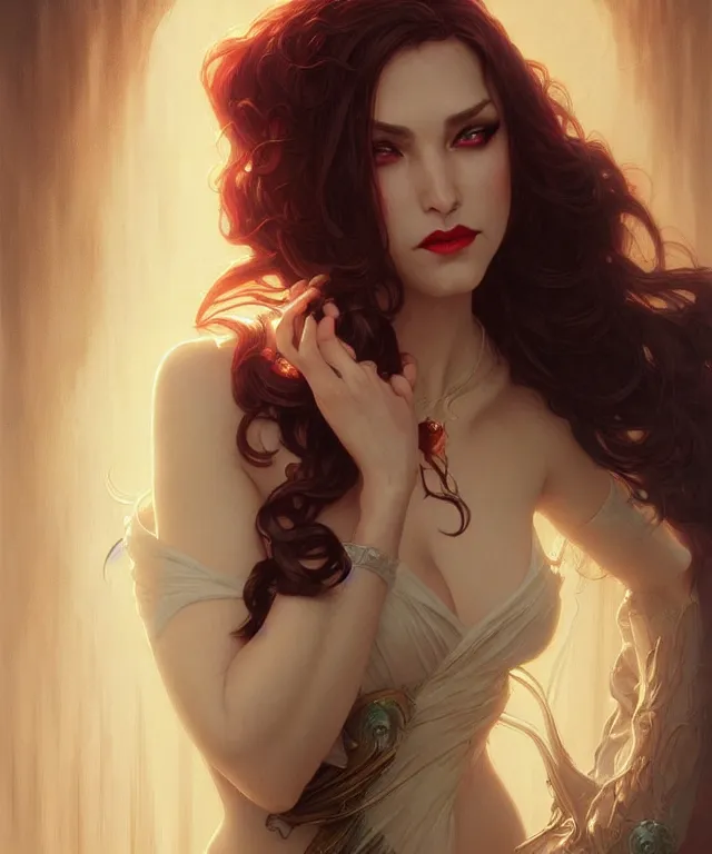 Prompt: A very beautiful lady vampire hypnotises you to bite your neck, sci-fi, amber eyes, face, long hair, fantasy, intricate, elegant, highly detailed, digital painting, artstation, concept art, smooth, sharp focus, illustration, art by artgerm and greg rutkowski and alphonse mucha
