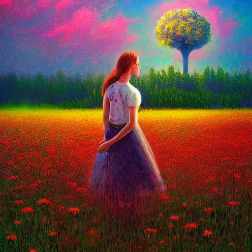 Image similar to flower face, girl standing in flower field, surreal photography, big trees, sunrise dramatic light, impressionist painting, colorful clouds, digital painting, pointillism, artstation, simon stalenhag