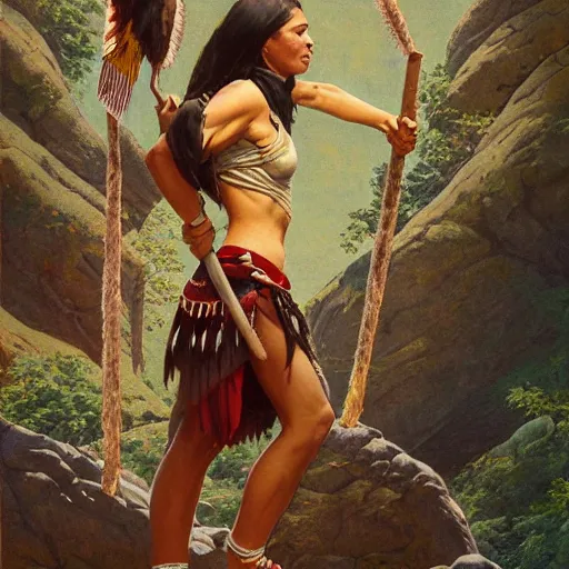 Image similar to full body portrait of young native american woman standing on rock, triumphant, looking up skywards, clothed, norman rockwell, logan maxwell, ryan pancoast, artstation fantasy character