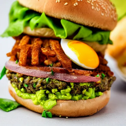 Image similar to juicy vegan hamburger topped with guacamole and fried onion and a vegan fried egg, crispy buns, 8 k resolution, professional food photography, studio lighting, sharp focus, hyper - detailed