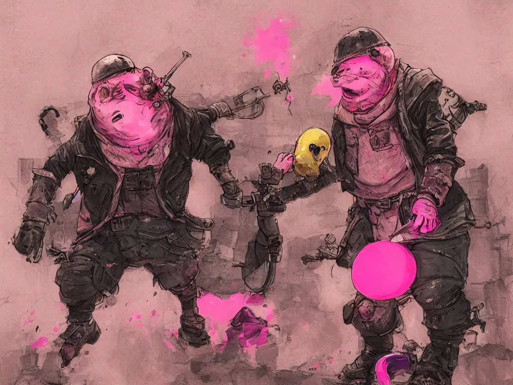 Prompt: Humpty Dumpty , fighting with a pink rubber monkey in a cyberpunk, post apocalyptic Tokyo, D&D, fantasy, highly detailed, digital painting, artstation, concept art, smooth, sharp focus, illustration, art by Bill Sienkiewicz