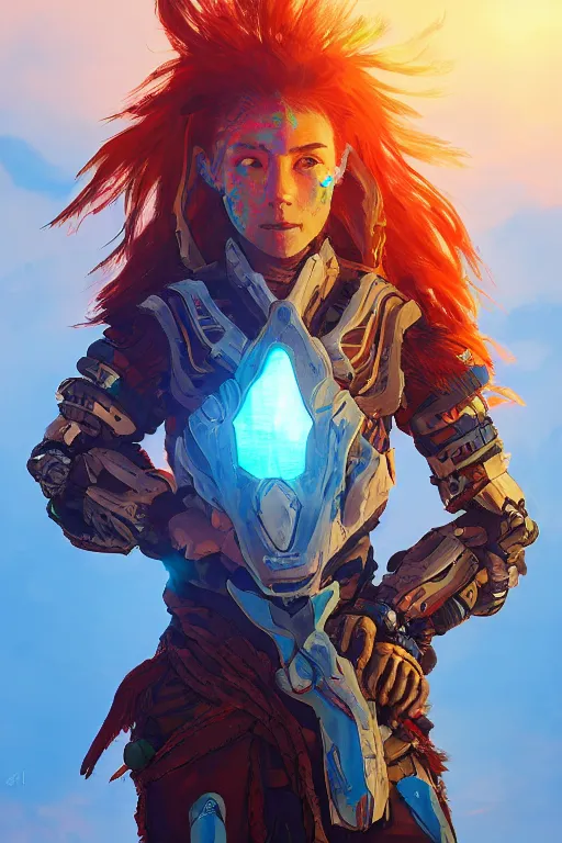 Image similar to combination suit armor aloy horizon forbidden west horizon zero dawn radiating a glowing aura global illumination ray tracing hdr fanart arstation by ian pesty and alena aenami artworks in 4 k tribal robot ninja mask helmet backpack