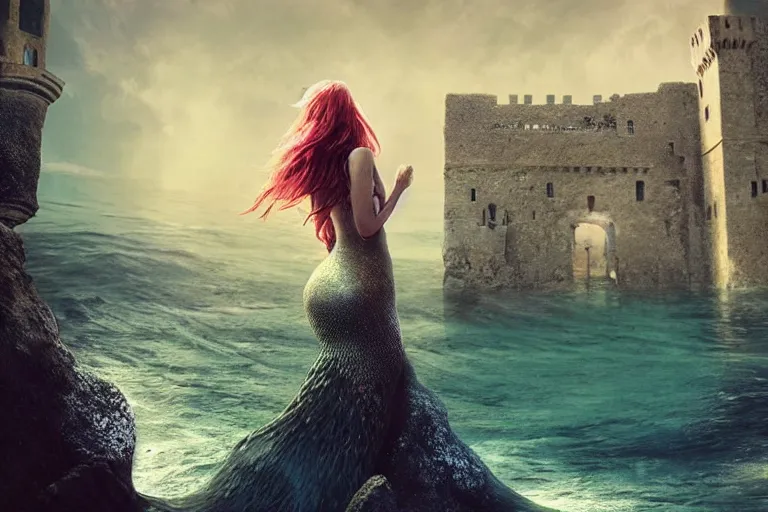 Image similar to the most amazing dream you ever had about a modern mermaid looking at an ancient castle ornated with old arabic script, hyper realistic, ambient lighting, concept art, intricate, hyper detailed, smooth, dynamic volumetric lighting, octane, cinematic