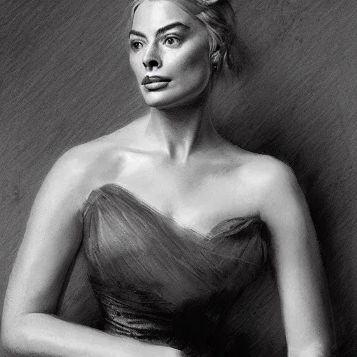 Image similar to portrait of Margot Robbie, antebellum dress, b&w shading, by Ilya Repin, and Greg Rutkowski