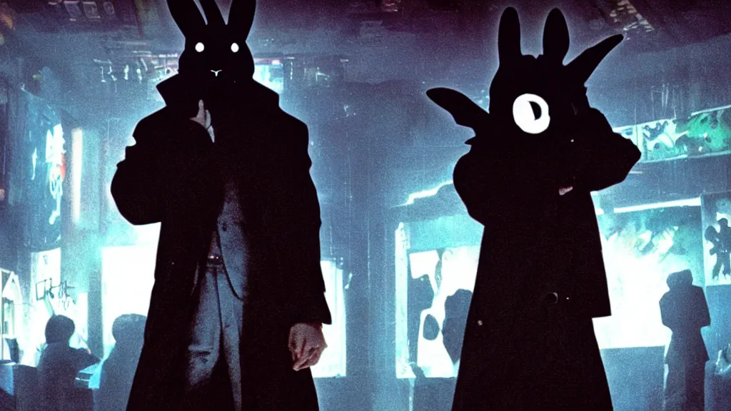 Prompt: a man in a trench coat wearing a black rabbit mask standing in a cyberpunk club on the dance floor , film still from the an anime directed by Katsuhiro Otomo with art direction by Salvador Dalí, wide lens