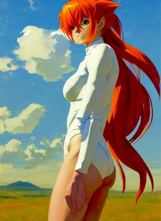 Image similar to Greg Manchess painting of Asuka Langley Soryu in Plugsuit out with the dogs, EVA unit-00 in the back, countryside, fantasy character portrait, dynamic pose, above view, sunny day, thunder clouds in the sky, artwork by Jeremy Lipkin and Giuseppe Dangelico Pino and Michael Garmash and Rob Rey, very coherent asymmetrical artwork, sharp edges, perfect face, simple form, wacky, 100mm