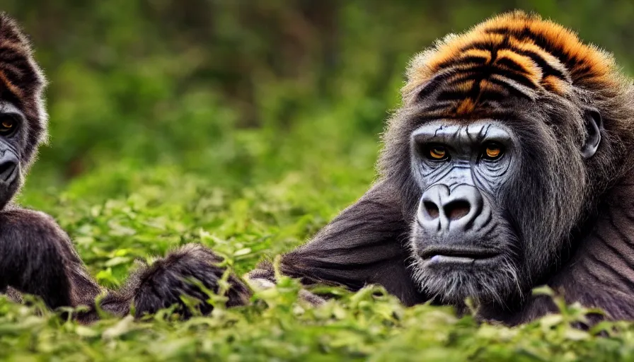 Image similar to a tiger gorilla!!! hybrid! hyper realistic!! realistic lighting!! wildlife photographer of the year!!! bold natural colors, national geographic, hd, wide angle, 8 k