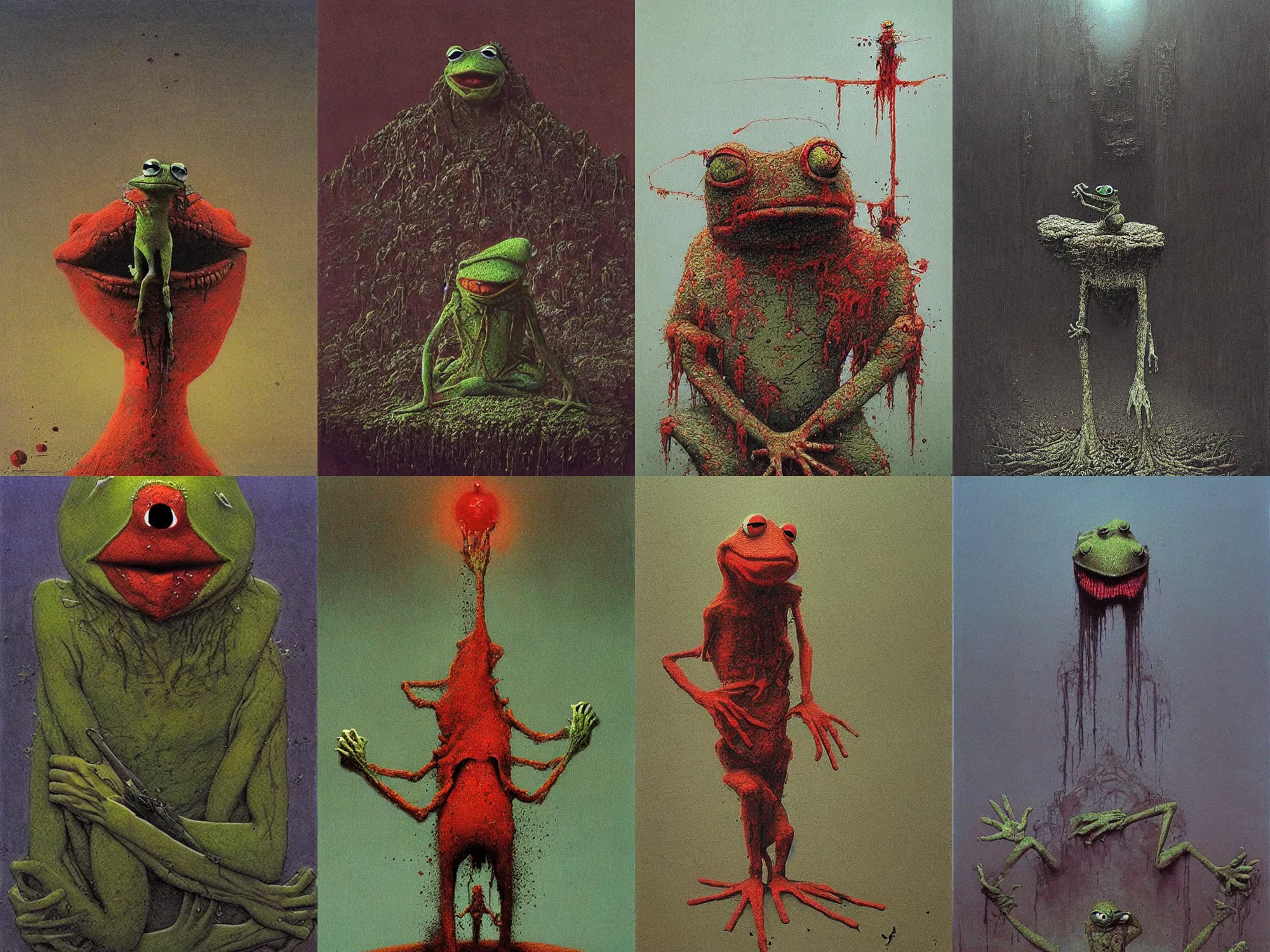 Prompt: bloody Kermit the frog megalophobia by beksinski