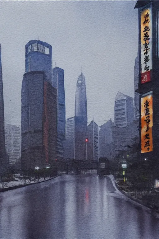 Image similar to A watercolor depicting an empty Shanghai Xujiahui, gloomy weather, high contrast, smooth, by Joseph Zbikowicz, 8k