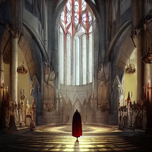 Prompt: assassin, praying for the sun god in a cathedral. Epic fantasy, 4k. realistic. Detailed. Digital painting. Sharp focus, illustration, Beautiful, gorgeous. Cinematic. Dramatic. High contrast. artstation. smooth. concept art