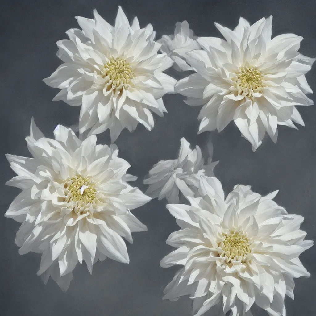 Image similar to painting of a beautiful white dahlia flower trending on artstation in the style of greg rutkowski