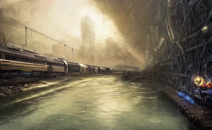 Image similar to An urban train rides inside of a waterway on a fantasy city, hyperrealistic mixed media, stunning 3d render inspired art by P. Craig Russell and Barry Windsor-Smith + perfect facial symmetry + dim volumetric lighting, 8k octane beautifully detailed render, post-processing, extremely hyperdetailed, intricate futuristic mechanic parts, epic composition, grim yet sparkling atmosphere, cinematic lighting + masterpiece, trending on artstation