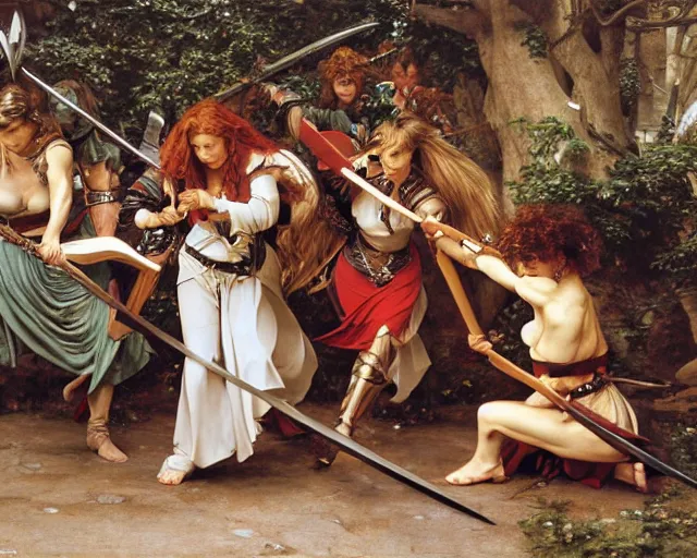 Prompt: a group of female elves hammering a sword, key lighting, soft lights, by steve hanks, by edgar maxence, by caravaggio, by michael whelan, by delacroix, by serov valentin, by tarkovsky, 8 k render, detailed, oil on canvas