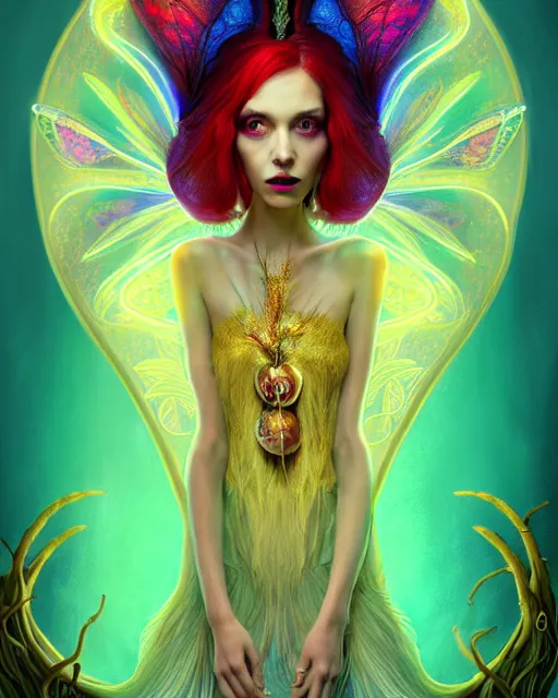 Image similar to portrait, stunningly beautiful female faerie priestess in amanita muscaria forest landscape, symmetrical wings on back, neon hair, wearing a dress of gossamer gold, inner glow, illustration, dramatic lighting, soft details, painting, art nouveau, octane render, 8 k, hd, by brom, faces by otto schmidt