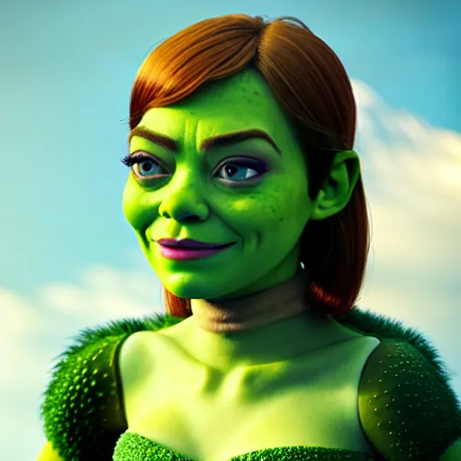 Image similar to Emma Stone as a female version of Shrek, she has shrek nose, long pointy ears features, with green skin, fully detailed, high quality , 4k , octane render , soft lightening , masterpiece