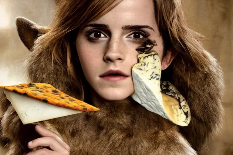 Prompt: photo, emma watson as anthropomorphic furry - rat inside animal body, huge rats around, eating cheese, highly detailed, intricate details