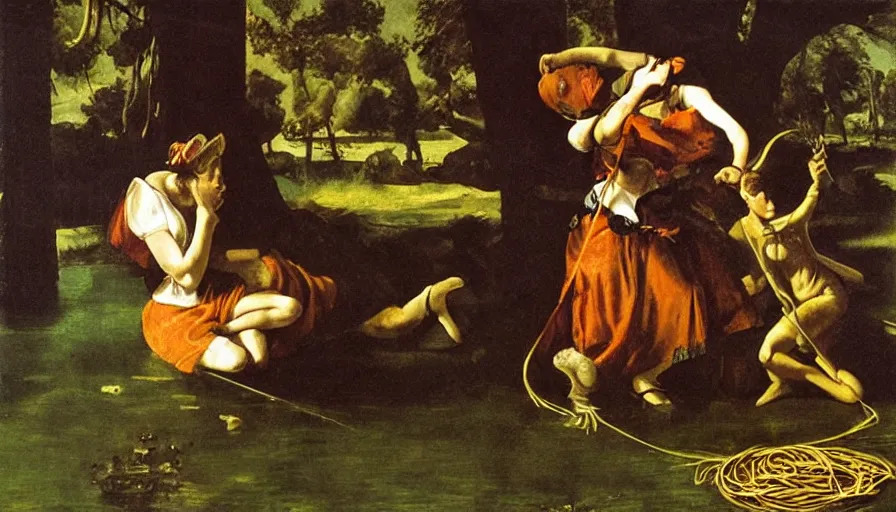 Prompt: saving Artax from a swamp full of spaghetti, in the style of Artemisia Gentileschi