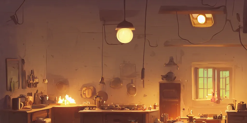 Image similar to epic illustration of a wooden kitchen dim lit by 1 candle doubly so by Goro Fujita and Simon Stalenhag and Peter chan , 8k, trending on artstation, hyper detailed, cinematic