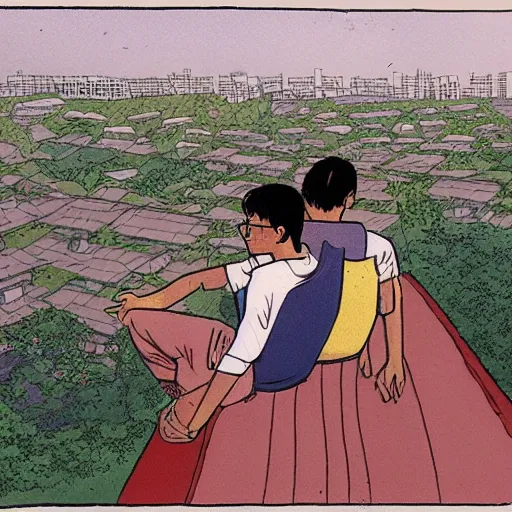 Image similar to two singaporean students sitting on the roof of a hdb flat, by moebius
