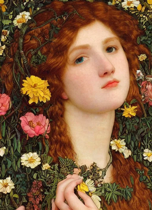 Prompt: masterpiece beautiful seductive flowing curves preraphaelite face portrait amongst flowers, extreme close up shot, straight bangs, thick set features, yellow ochre ornate medieval dress, laying amongst foliage mushroom forest circle arch, frederic leighton and kilian eng and rosetti and preraphaelites, william morris, 4 k