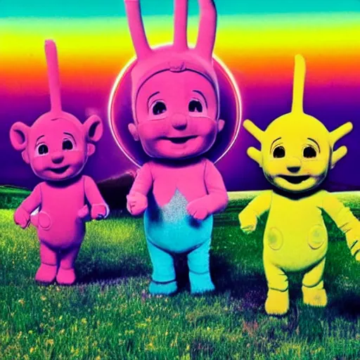 Prompt: Teletubbies Tame Impala album cover art