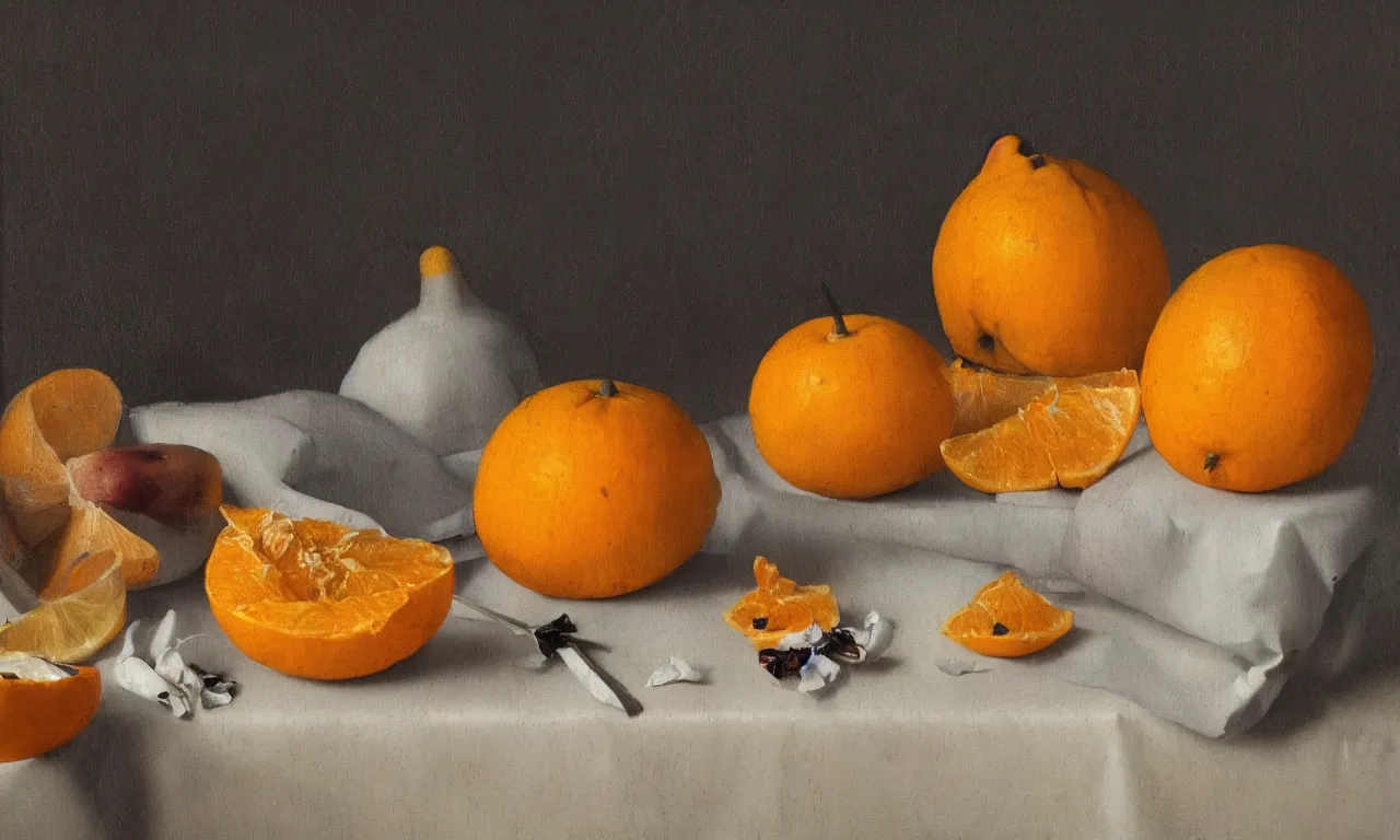 Prompt: still life of a peeled mandarin painted by Johannes Vermeer, vivid colors, high details, cinematic, 8k resolution, beautiful detailed, photorealistic, digital painting, artstation, concept art, smooth, sharp focus, illustration, fantasy background, artstation trending, octane render, unreal engine