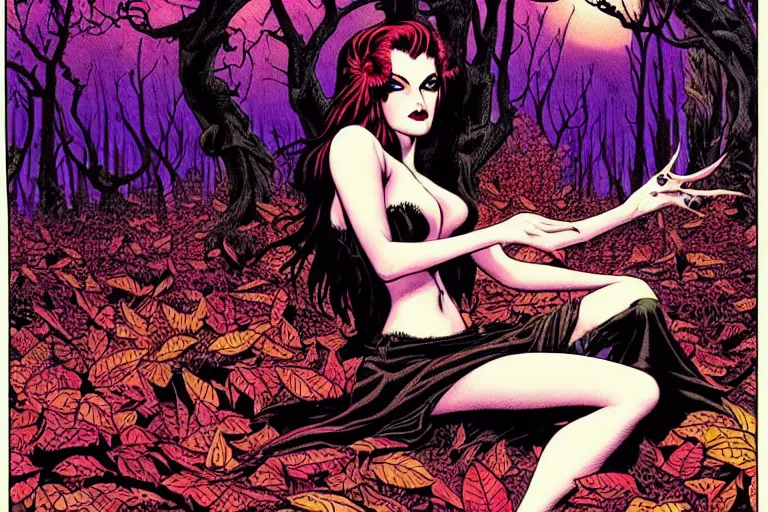 Image similar to a stunning vampiress sitting in an autumn forest, fantasy graphic novel style, by wendy pini and virgil finlay, intricate, vivid gradient colors, very fine inking lines, extremely detailed, 4k, hd