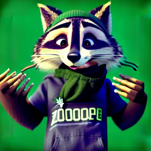 Prompt: a very relaxed stoner with a black hoodie on with a marijuana themed dark green raccoon head from zootopia, wearing beanie, smoking, 3 d render, extremely detailed fur, wearing a marijuana t - shirt