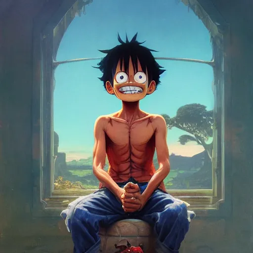 Prompt: highly detailed vfx portrait of monkey d. luffy, stephen bliss, greg rutkowski, loish, rhads, beeple, makoto shinkai, tom bagshaw, alphonse mucha, global illumination, sharp focus, art by artgerm and greg rutkowski, stanley kubrick, best of behance, cinematic lighting, anatomically correct