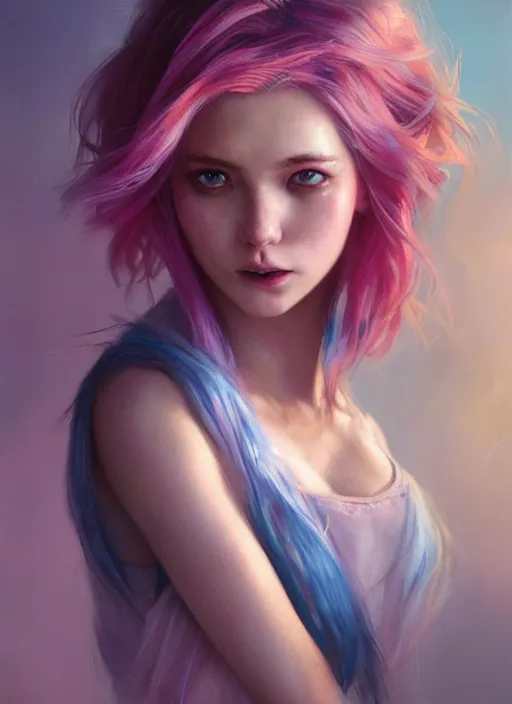 Image similar to girl with unkempt blue and pink hair, beautiful highly detailed face, complementary lighting, backlit, eyeshadow, divine, beautiful painting by artgerm and greg rutkowski and raymond swanland