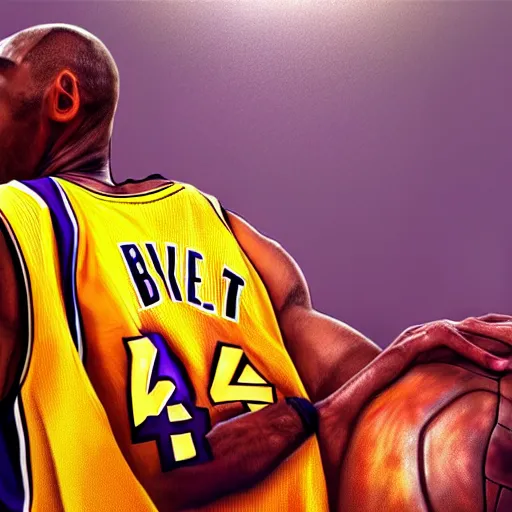 Image similar to kobe bryant kissing with a giant turtle in heaven, hyper realistic, cinematic, side view, digital art, amazing detail, artstatiom, cgsociety, epic art