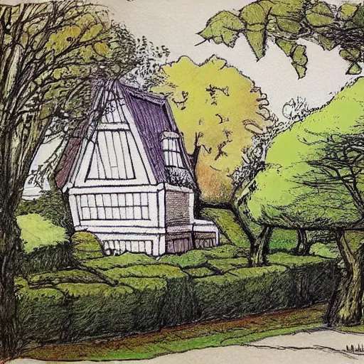 Prompt: white old dutch house, lush garden next to highway, drawing by moebius