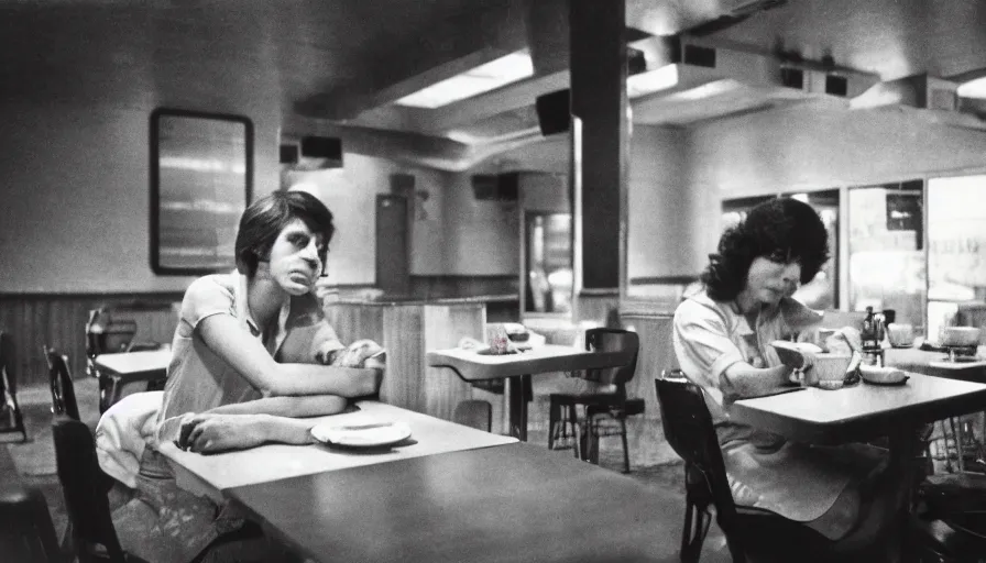 Image similar to 7 0 s film still from a horror movie of one person sitting at an empty diner, kodachrome, cinecolor, cinestill, film grain, film texture, retro, cinematic, high resolution, photorealism,