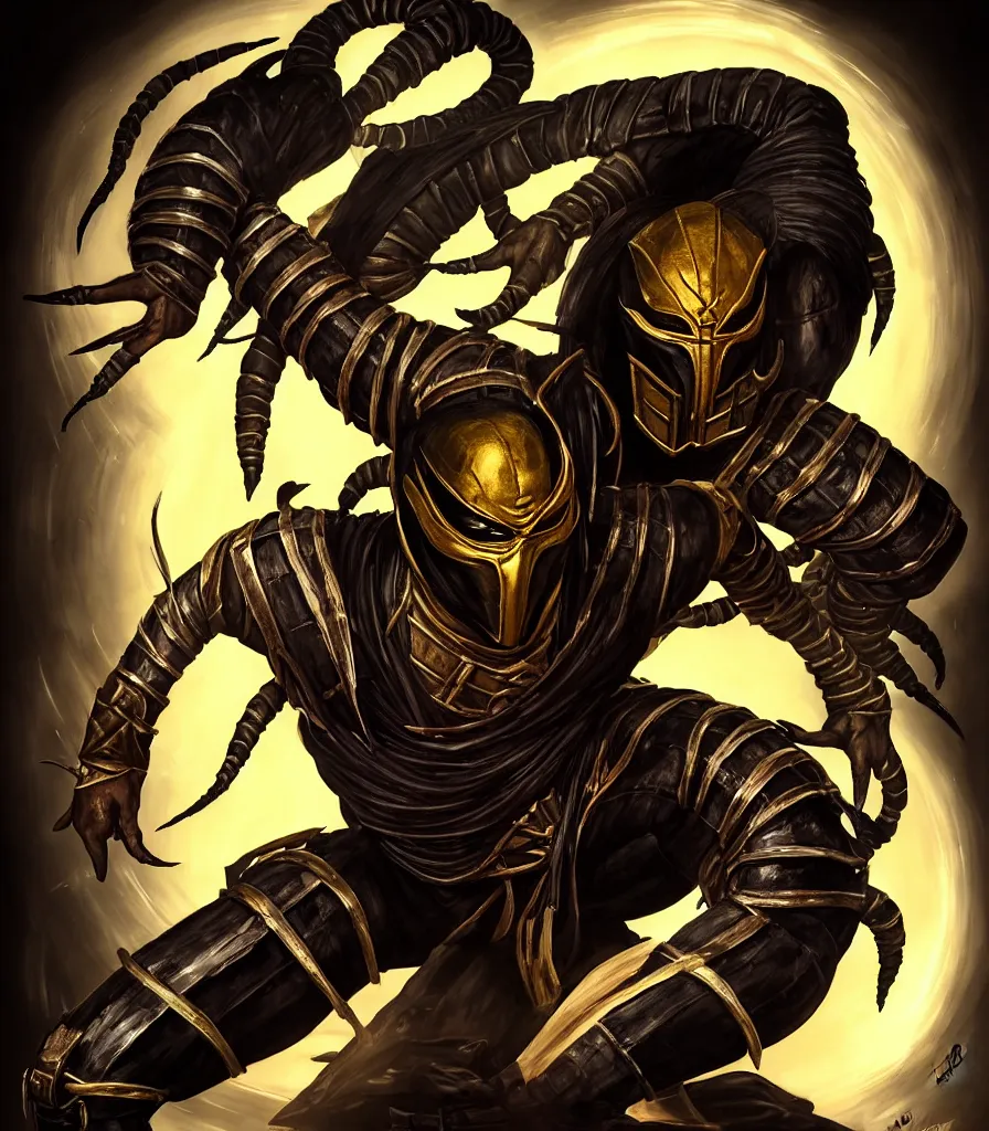 Image similar to portrait of hanzo hasashi scorpion from mortal kombat in the gates of a portal, full body shot, camera pulled back far, highly detailed dramatic lighting, artstation, atmospheric perspective, artgerm, mk ninja, epic ninja suit, intense contrast, 3 light sources, by lee bermejo, alphonse mucha and greg rutkowski