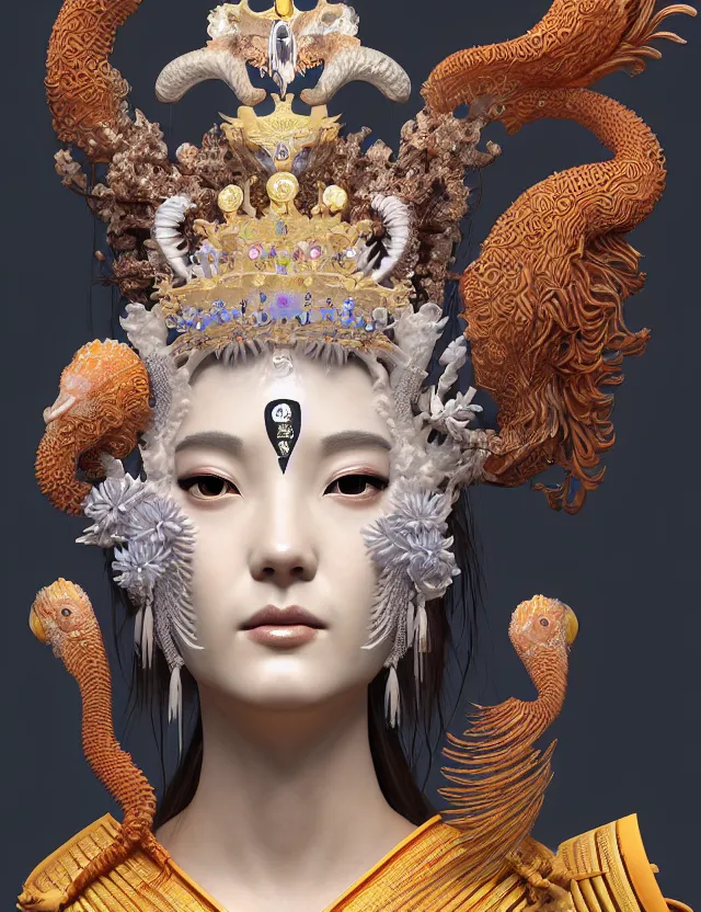 Image similar to 3 d goddess close - up profile portrait with crown, ram skull. beautiful intricately detailed japanese crow kitsune mask and clasical japanese kimono. betta fish, jellyfish phoenix, bio luminescent, plasma, ice, water, wind, creature, artwork by tooth wu and wlop and beeple and greg rutkowski