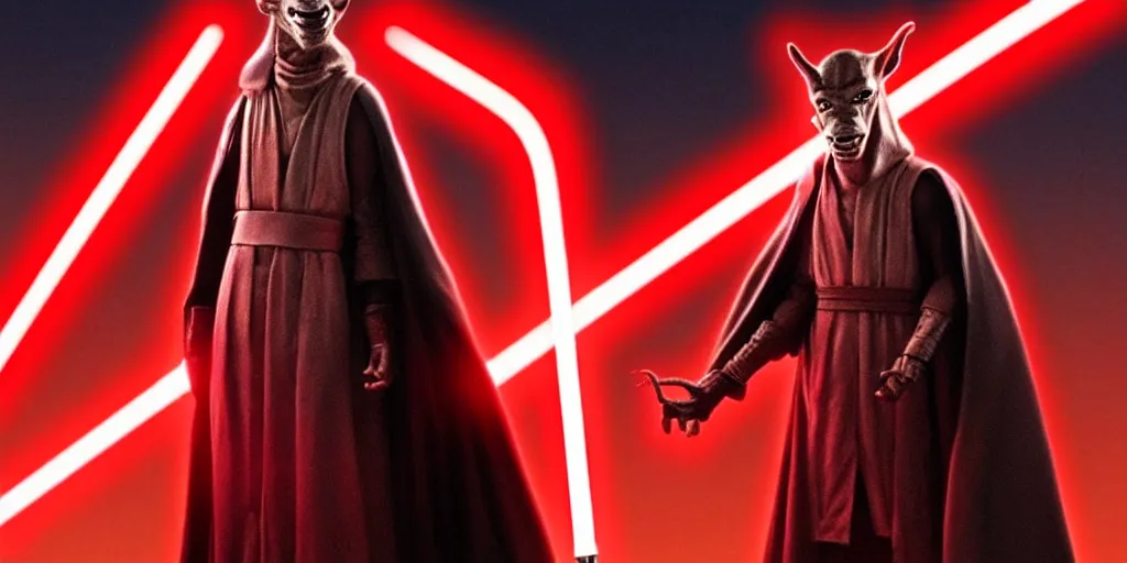 Prompt: jar jar binks as a sith lord, holding a red lightsaber