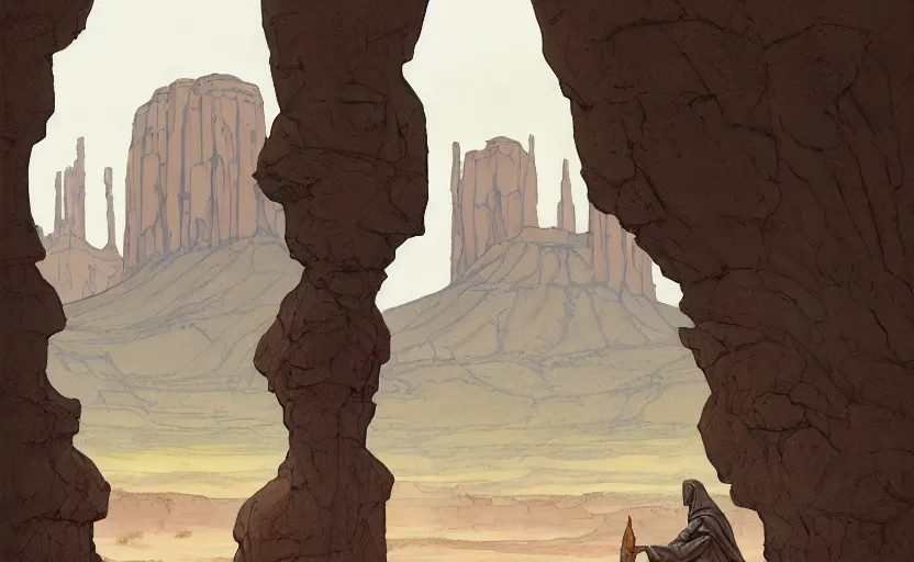 Image similar to a hyperrealist watercolor concept art of a medieval monk in grey robes in monument valley looking through a rock arch through a portal to a catle in an alien world. very muted colors, by rebecca guay, michael kaluta, charles vess. high detail, hq, wide shot, 4 k