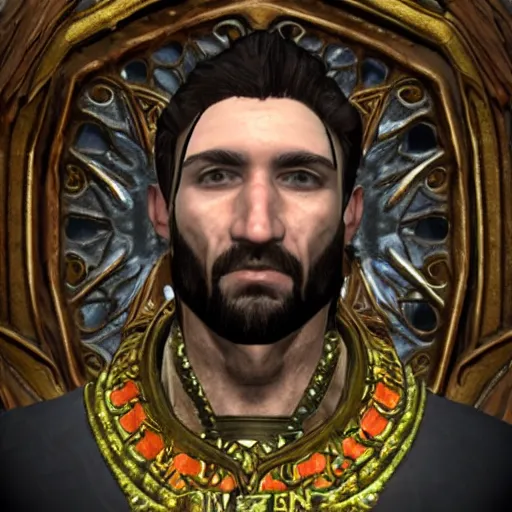 Image similar to kevin hearts face on a character in skyrim, full body image, highly ornate intricate details,