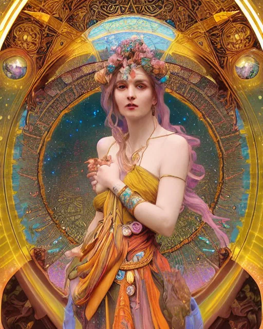 Prompt: Full view Celestial Goddess of cosmic nebula in a beautiful dress, 4k digital illustration by Ruan Jia and Rembrandt, ornate background by Alphonse Mucha, art nouveau iconography background, tarot card, stunning portrait, amazing magnificent mystical illustration, award winning art, vivid and vibrant, soft lighting, intricate details, realistic, full view, Artstation, CGsociety