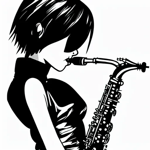 Image similar to an ink drawing of a tech punk girl playing the saxophone by ilya kuvshinov, black and white, white outline, high contrast