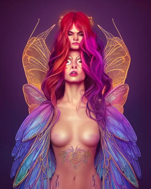 Image similar to portrait, stunningly beautiful female faerie priestess in a forest, symmetrical wings on back, neon hair, wearing a dress of gossamer gold, inner glow, illustration, dramatic lighting, soft details, painting, art nouveau, octane render, 8 k, hd, by brom, faces by otto schmidt