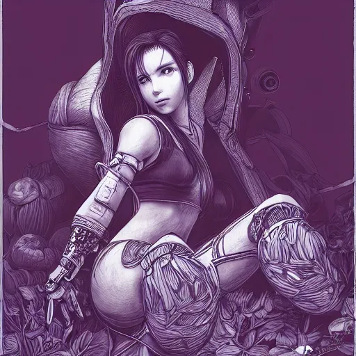 Prompt: the head of tifa lockhart partially made of potatoes roots and violets, an ultrafine detailed illustration by james jean, final fantasy, intricate linework, bright colors, behance contest winner, vanitas, angular, altermodern, unreal engine 5 highly rendered, global illumination, radiant light, detailed and intricate environment