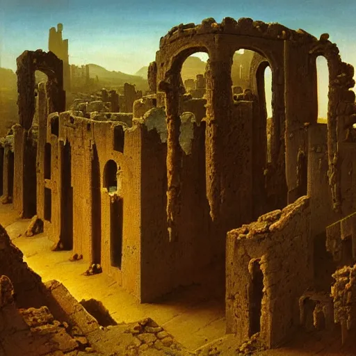 Prompt: ruins of a medieval castle, desert sunrise, caspar david friedrich h. r. giger zdzisław beksinski tim burton gustave dore guido borelli amanda sage kelly freas rafael santi